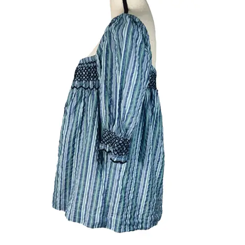 Faherty Medium Peasant Top Striped Puff Sleeves Smocked Square Neck Blue Multi