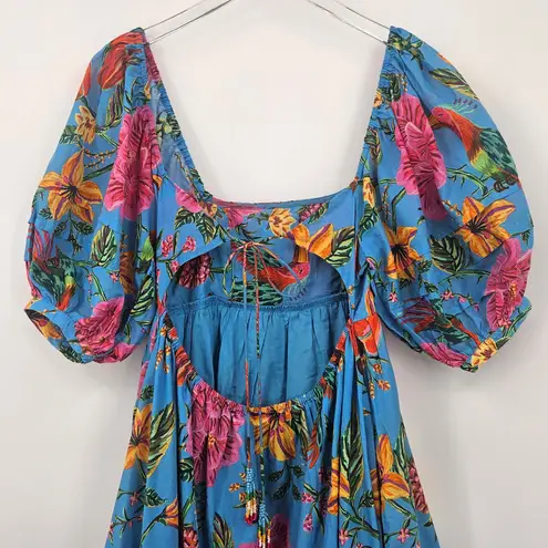 Farm Rio Toucans Garden Blue Floral Puff Sleeve Open Back Midi Dress XS