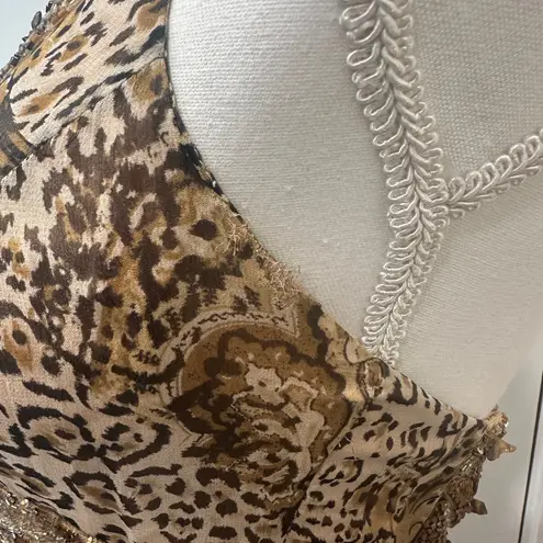 Sherry Haute Couture Y2K Silk Beaded Sequin Gemstone Animal Print Halter Gown Tan Size 4