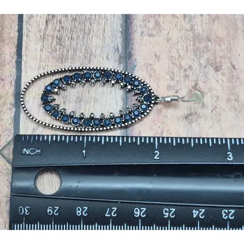 None Silver Tone & Blue Crystal Large Dangle Double Hoop Earrings Pierced 2.5"