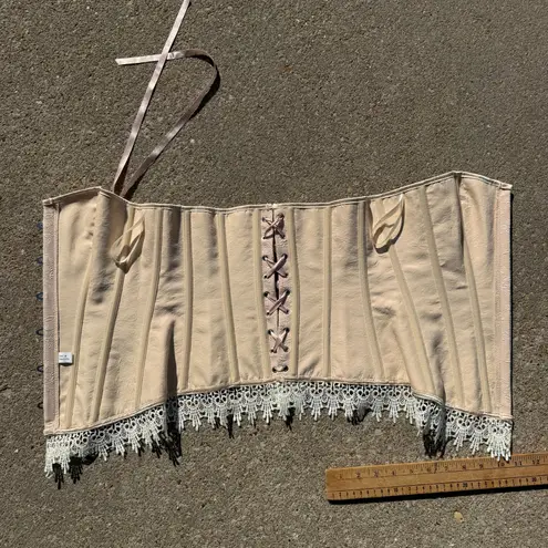 Dusty Rose Floral Brocade Crochet Trim Lace Up Corset Whimsical Coquette MEDIUM Pink