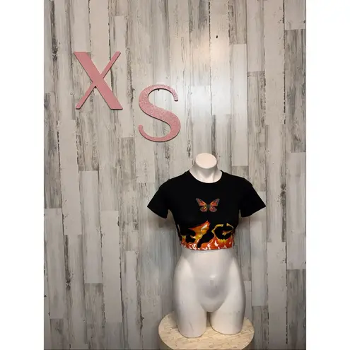 Butterfly Flame Graphic Crop Top Black Stretch Tee Size XS