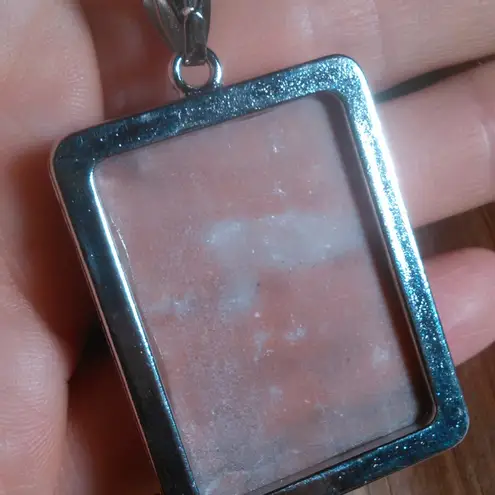 Peace Chili Stone Rectangular Frame Two Inch Pendant Stainless Steel Necklace