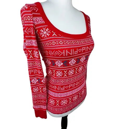 PINK - Victoria's Secret NWT  Red Winter Sweater Print Waffle Thermal Pajama Top