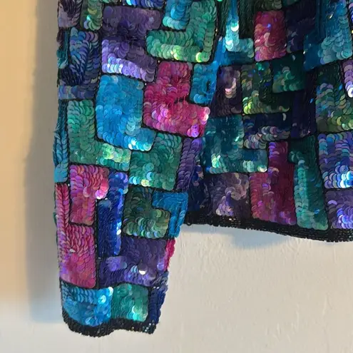 Laurence Kazar Vtg Silk Beaded Sequined Checkered Jacket cute Multicolor Size L