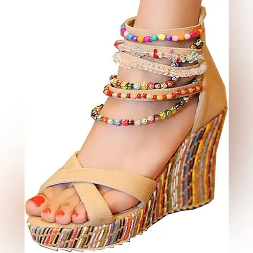 Get More Beauty Beaded Wedge Sandals Size Tan Size 8
