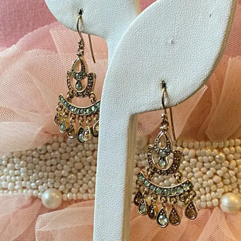 Vintage Glamour Gold Tone Teal Amber Crystal Chandelier Dangle Drop Earrings