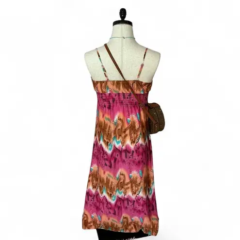 Stevie Lindsay Maxi Dress Pink Brown Turquoise Sleeveless Smocked Boho Size M