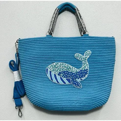 America & Beyond Embellished Jute Tote Crossbody Strap Whale Vacation Beach NWT Blue