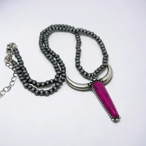 New Pink and Silver Longhorn Pendant on 18” Beaded Navajo Style Chain