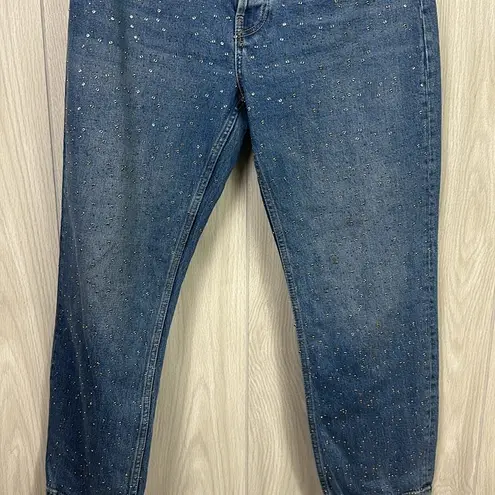 ZARA  Womens Jeans 10 Blue Straight High Rise Beaded Sequin Cotton Button Fly