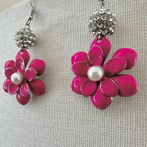 Fuchsia Enamel Flower Dangle Earrings Pink