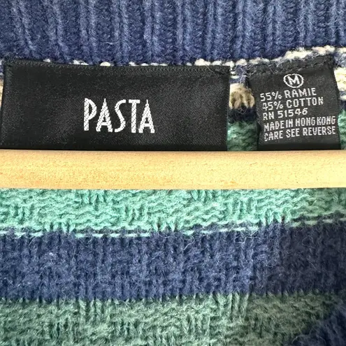 Vtg 90s PASTA Women’s Cardigan Sweater Striped Blue Ramie Slouchy Cozy Preppy Blue Size M