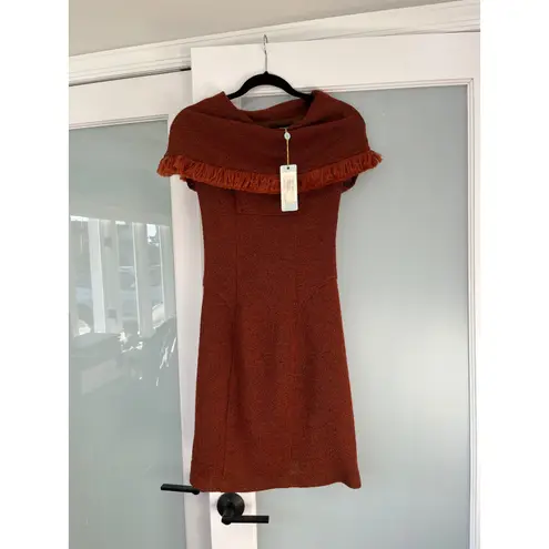Tracy Reese New York Fringed Collar Dress Size 4 Rust Textured Sheath