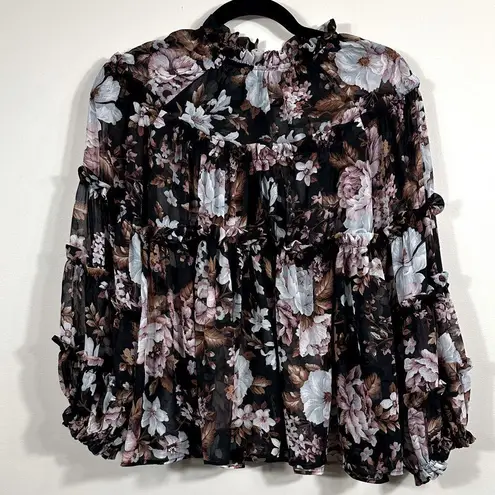 OPT Floral Sheer Ruffle Longsleeve Blouse Romantic Boho Chic Fairy Women Small Black