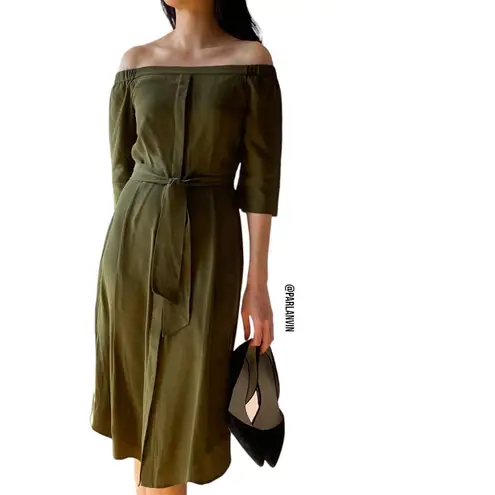 Whistles Flavia Off The Shoulder Midi Silk Tie Dress Khaki Green Size 0 XS NWT
