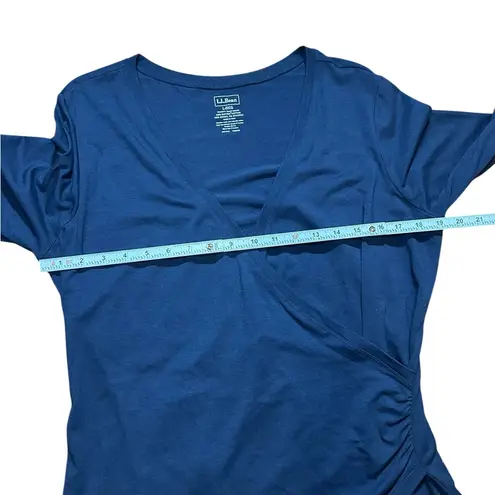 LL Bean Navy Long Sleeve Faux Wrap Ruched Top Clean Girl Essential Sz L Blue Size L