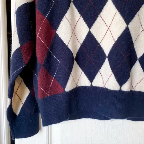 Doen Harlequin Cashmere Sweater Diamond Cream Navy Argyle Medium EUC Blue
