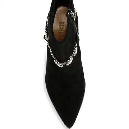 Schutz Teia Embellished Harness Suede Black Ankle Boots Size 6.5