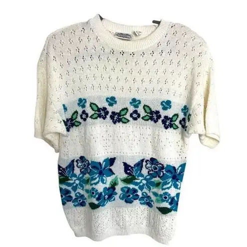 Villager Vintage Floral Knit Short Sleeve Sweater Medium Cottagecore Feminine