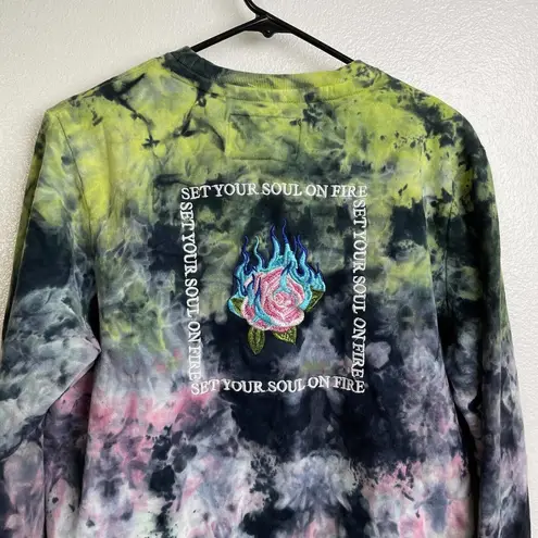 Blind Rooster Sweatshirt Medium Pullover Tie Dye Floral Embroidered Soul On Fire Blue