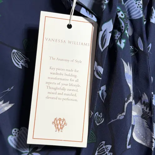 Vanessa Williams Bow Blouse NWT Size Small Blue Crane Floral Print Long Sleeve