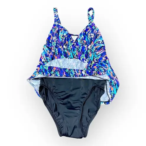 Swim Solutions Fauxkini Triple Tier One Piece Swimsuit Blue Purple Sz 8 NWT