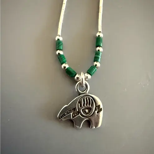 Native American Liquid Silver Malachite Bear Necklace Green