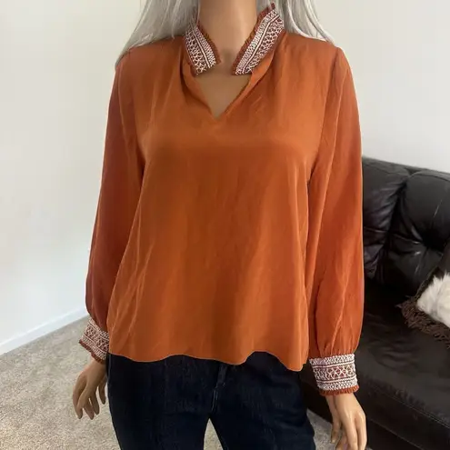 Marie Oliver Large Rust Burnt Orange Silk Blouse Peasant Top Embroidered Boho - Image 3