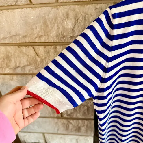 Striped Blue and White Red Short Sleeve Sweater Large *Runs Small*