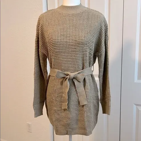 NWT Cozy Waffle Knit Crewneck Sweater Dress with Belt Tan Size Small