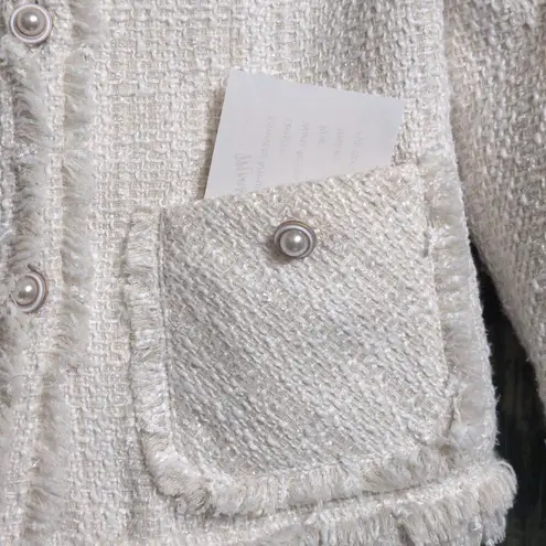 Tammy Tangs White Tweed Frayed Trim Button Front Jacket Long Sleeve Size M Size M