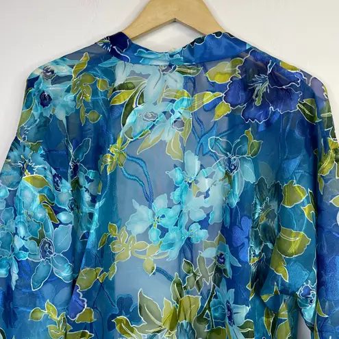 Vintage California Dynasty Sheer Floral Burnout Open Kimono Robe Duster womens S Blue