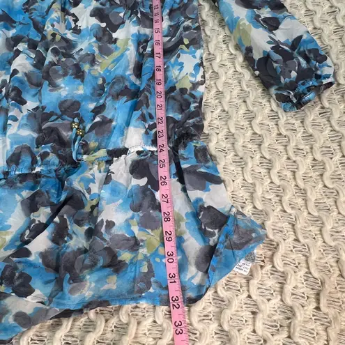 St. John Blue Green Flounce Ruffle Silk Sheer Floral Tunic with Sequins