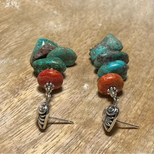Sterling Silver Turquoise & Coral Stone 925 Dangle Earrings