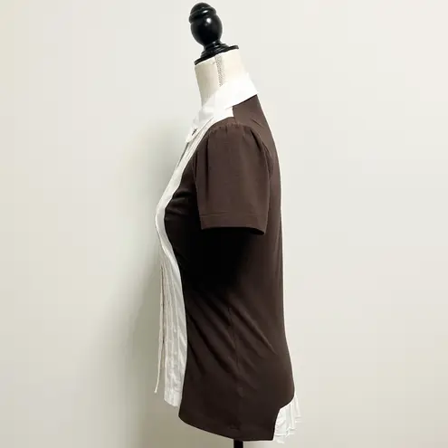Birdie Bee Brown White Pleated Button Up Short Puff Sleeve Collared Top XS