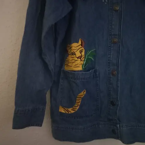 Quacker Factory M Wild Animal Denim Jungle Zoo Embroidered Casual Jacket Blue Size M