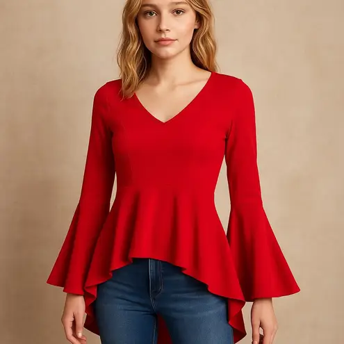 Ups & Downs Red Peplum Flare Sleeve Top Retro 90s Y2K Small Holiday Christmas