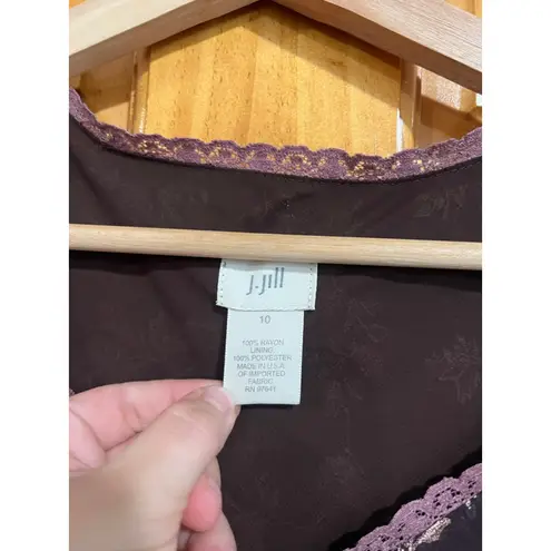 J.Jill Y2K Brown Sheer Feminine Brown Floral Stripes Dainty Lace Trim Dress Size 10