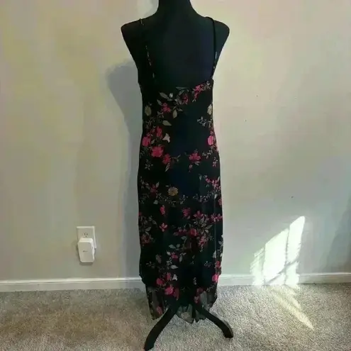 CDC Y2K Spaghetti Strap Black Red Floral Slip Dress Mesh V Neck Size 8
