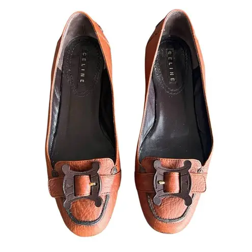 CELINE Women’s Vintage Wooden Triomphe Cognac Brown Orange Leather Ballet Flat
