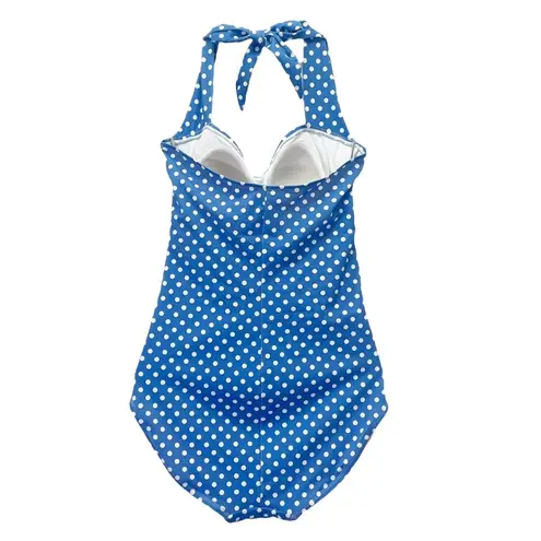 Ruby Ribbon Size 12 Blue White Polka Dot One Piece Swimsuit Halter Ruched Retro