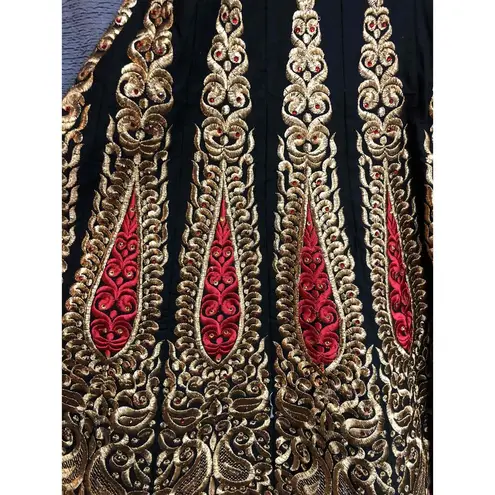 Womens Black Red Gold Anarkali Dress Sleeveless Embroidery Round Neck Size M