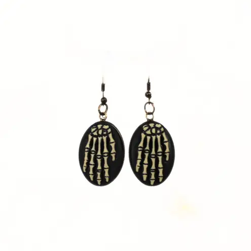 Handmade Gothic Victorian "Mourning Touch" Halloween Goth Skeleton Hand Cameo Earrings