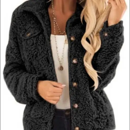 Black Sherpa Fleece Button Down Shacket Jacket NWT Size L