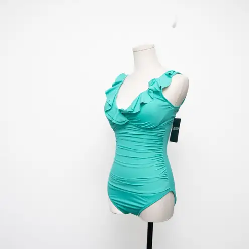 Lauren Ralph Lauren. Beach Club Ruffle One Piece Swimsuit. Blue Size 4