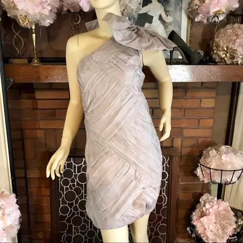 BY MALENE BIRGER TAUPE SILK RUFFLE DRESS WITH ONE SHOULDER BOW ACCENT (S) Tan