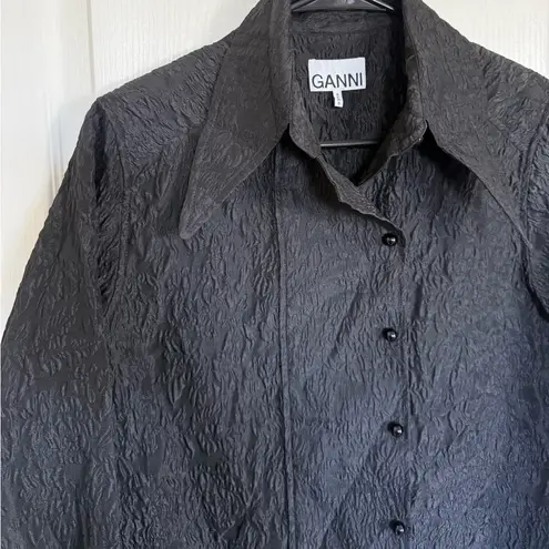 Ganni Jacquard Organza Wide Placket Shirt in Black