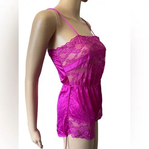 Tessies Vintage 80s Magenta Sheer Floral Lace Lingerie Intimates Romper Teddie