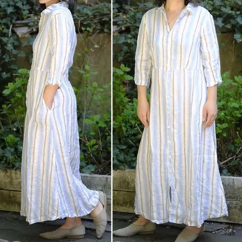 CP Shades Michelle Dress Size Medium Linen Stripe Button Front Maxi Made in USA